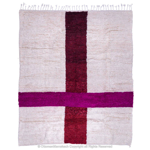 Minimalist Moroccan Wool Rug with Bold Red and Purple Cross Design