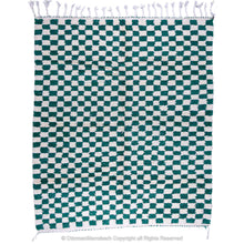 Load image into Gallery viewer, Green and White Checkered Berber Rug: Antique Charm with a Modern Twist