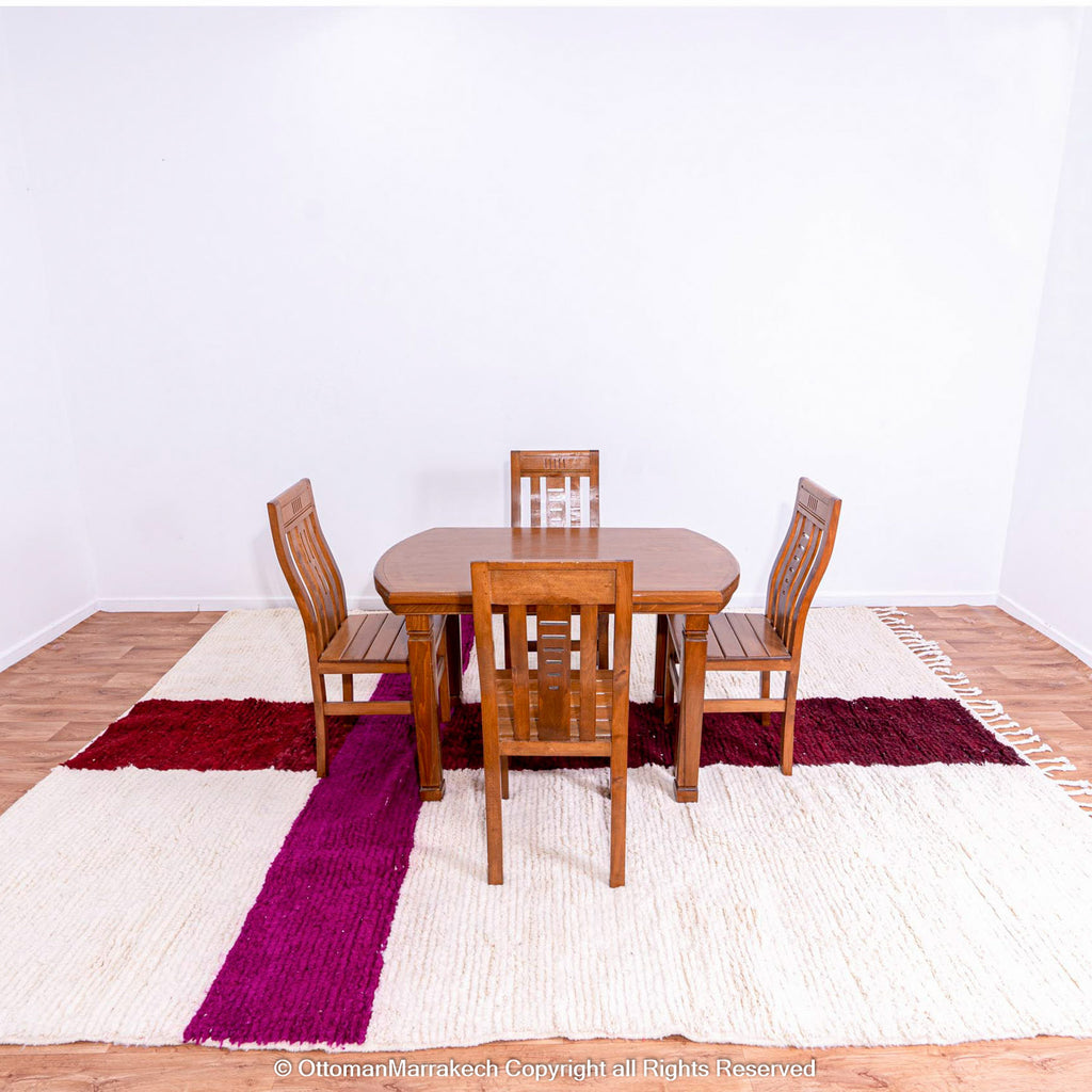 Minimalist Moroccan Wool Rug with Bold Red and Purple Cross Design