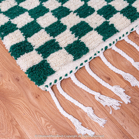 Green and White Checkered Berber Rug: Antique Charm with a Modern Twist