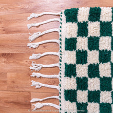 Load image into Gallery viewer, Green and White Checkered Berber Rug: Antique Charm with a Modern Twist