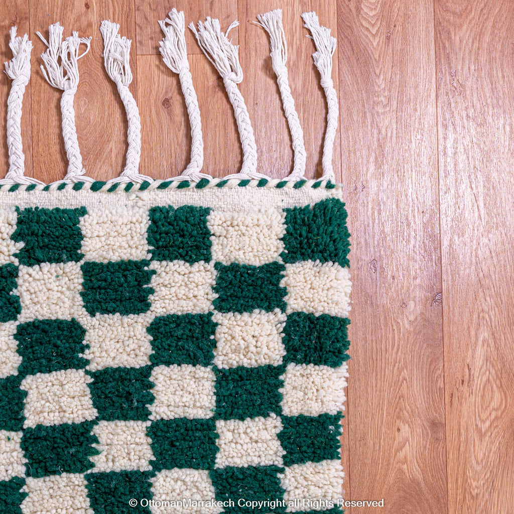 Green and White Checkered Berber Rug: Antique Charm with a Modern Twist