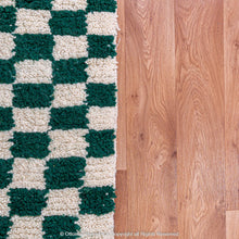 Load image into Gallery viewer, Green and White Checkered Berber Rug: Antique Charm with a Modern Twist