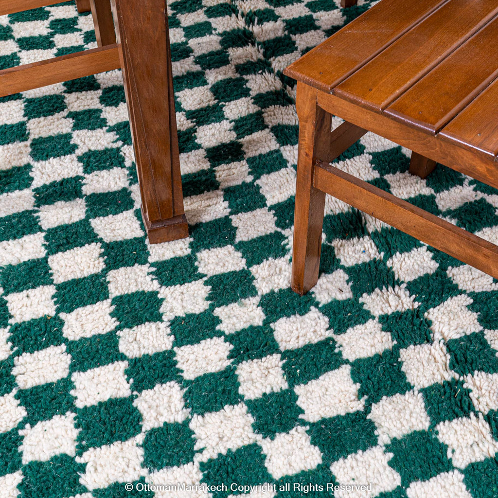 Green and White Checkered Berber Rug: Antique Charm with a Modern Twist