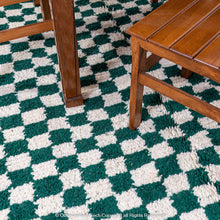 Load image into Gallery viewer, Green and White Checkered Berber Rug: Antique Charm with a Modern Twist