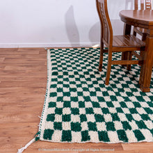 Load image into Gallery viewer, Green and White Checkered Berber Rug: Antique Charm with a Modern Twist