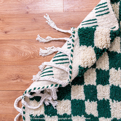 Green and White Checkered Berber Rug: Antique Charm with a Modern Twist