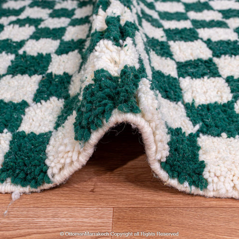 Green and White Checkered Berber Rug: Antique Charm with a Modern Twist