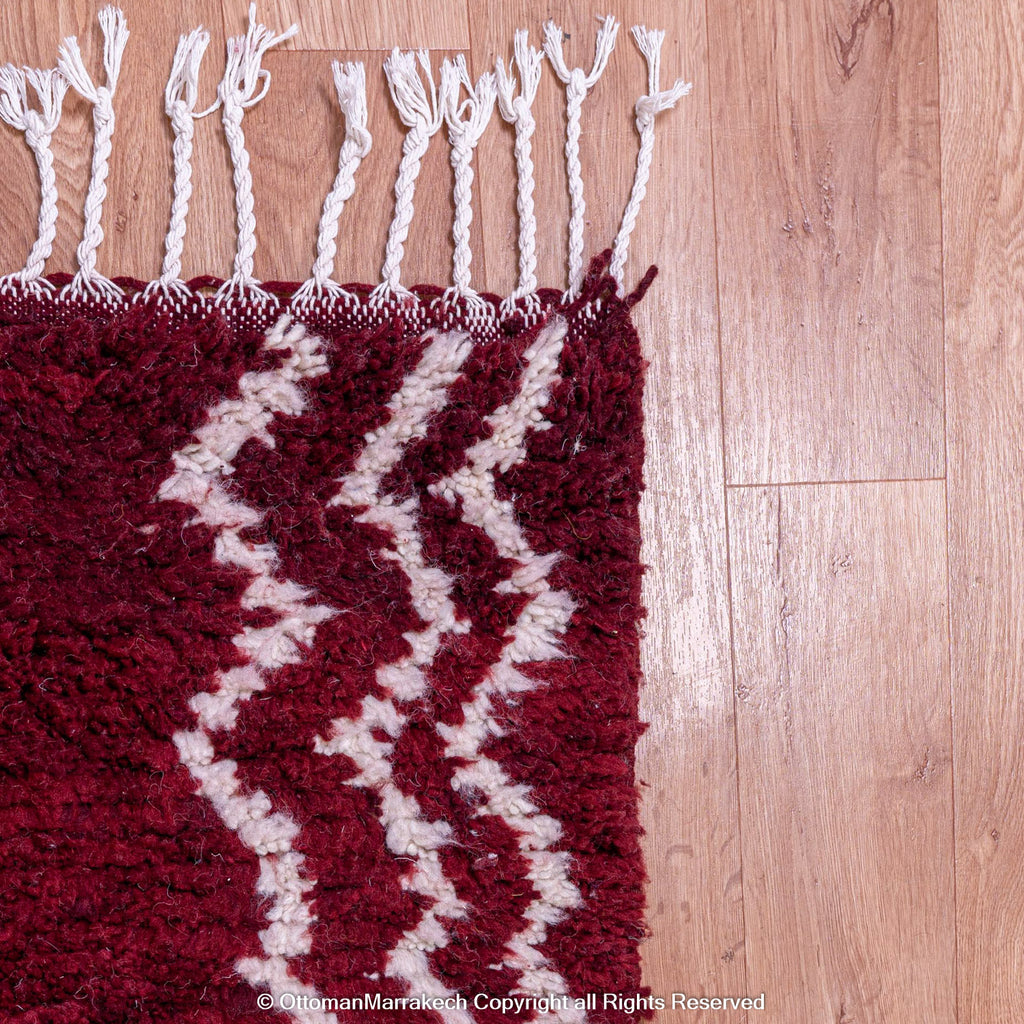 Deep Burgundy Berber Rug with White Geometric Waves