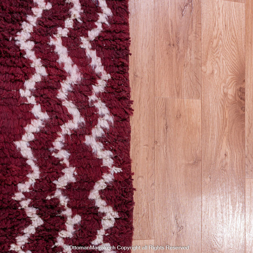 Deep Burgundy Berber Rug with White Geometric Waves