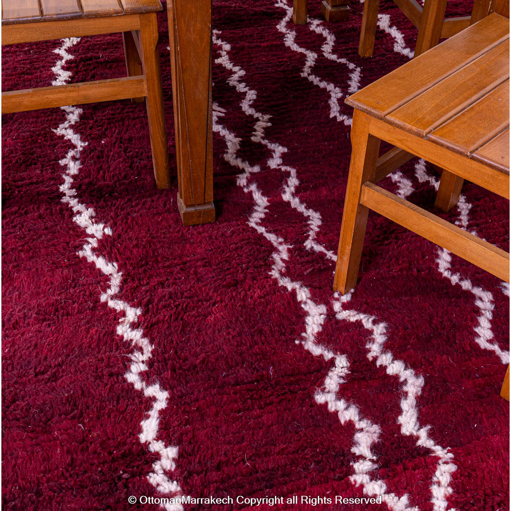 Deep Burgundy Berber Rug with White Geometric Waves