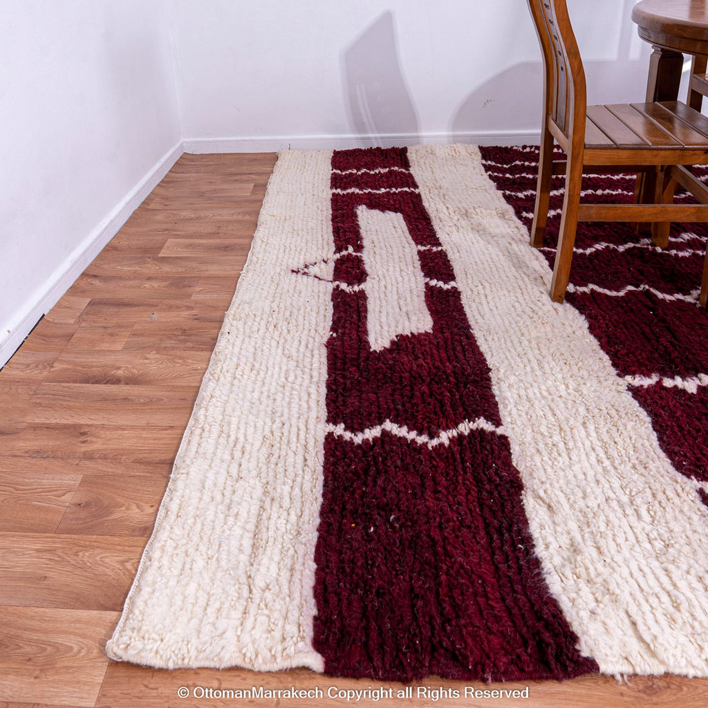 Deep Burgundy Berber Rug with White Geometric Waves