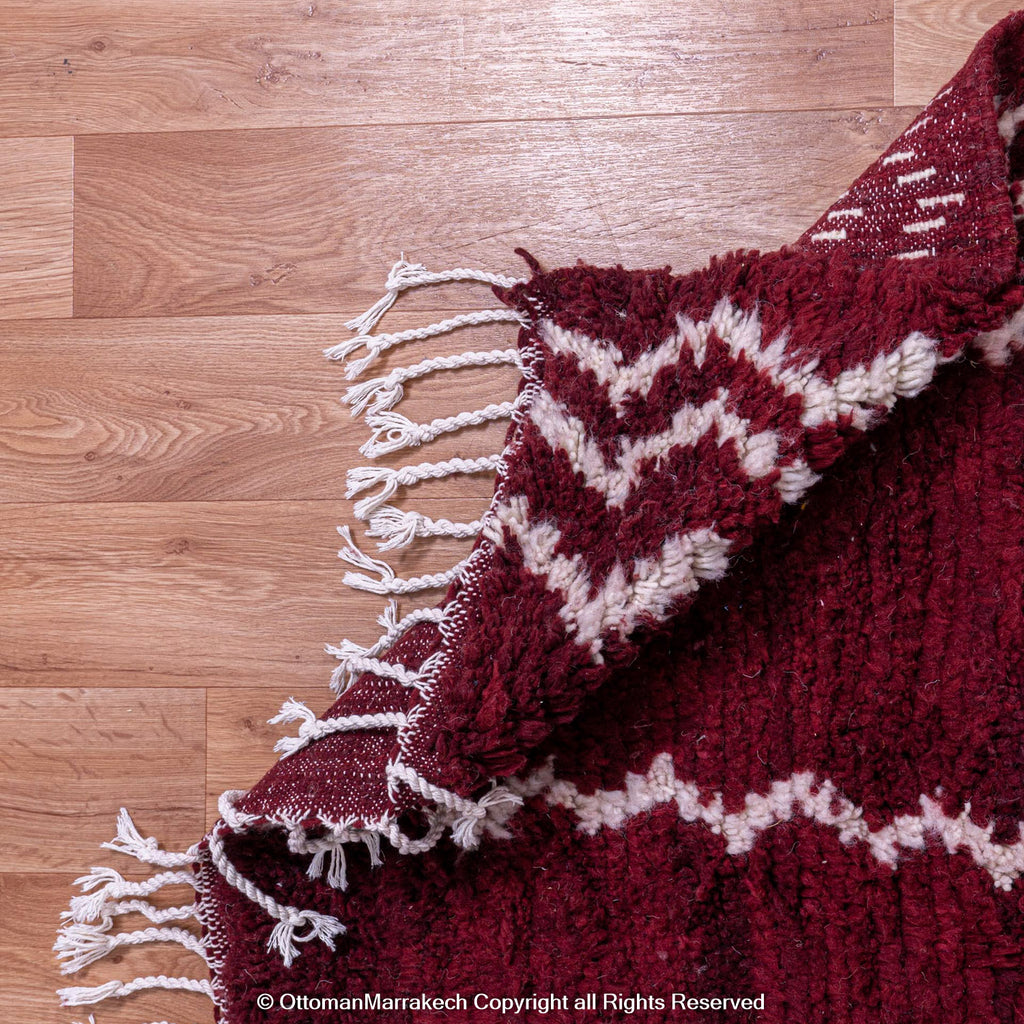 Deep Burgundy Berber Rug with White Geometric Waves