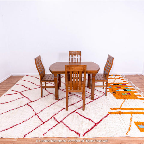 Moroccan White Berber Rug with Red and Orange Geometric Accents