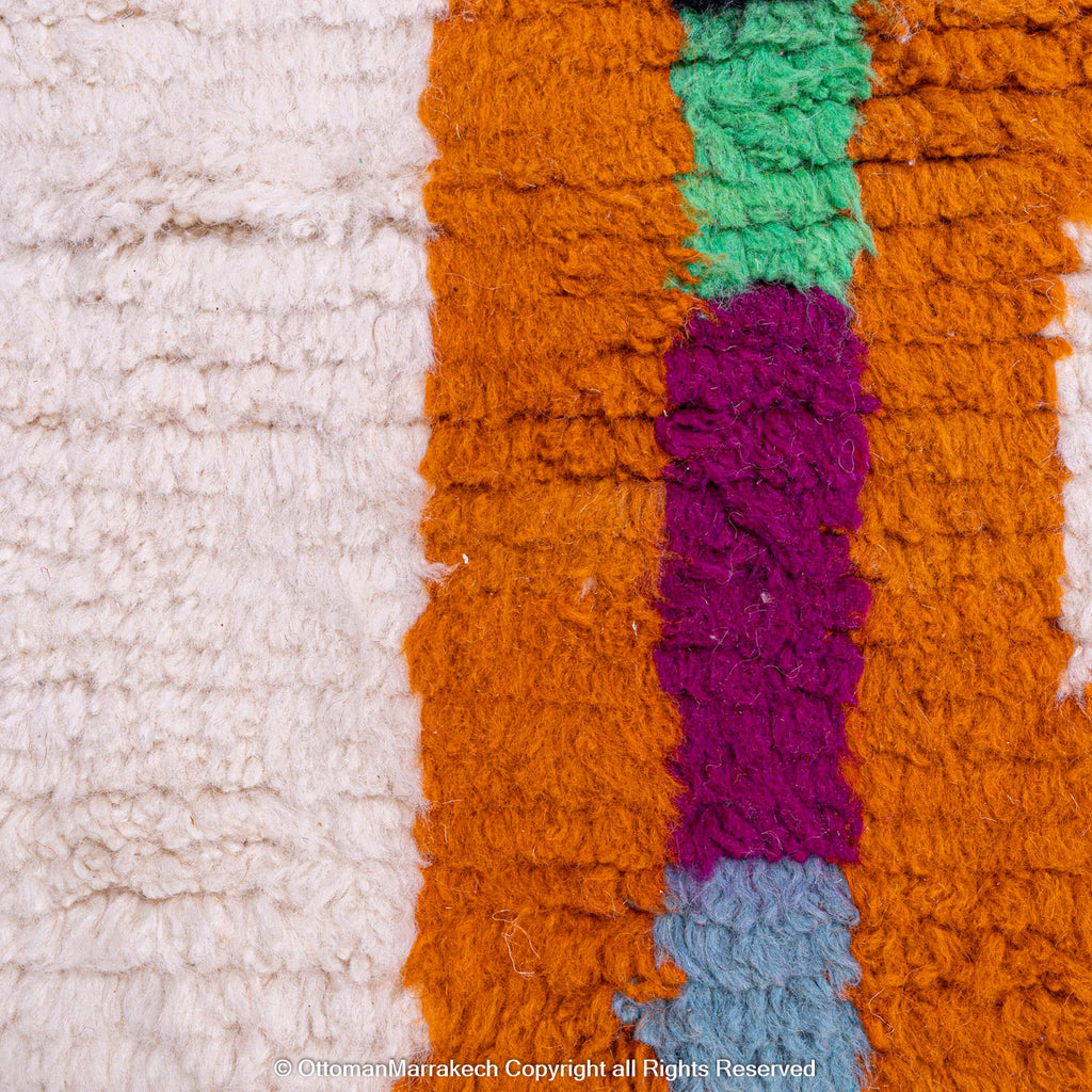 Moroccan White Berber Rug with Red and Orange Geometric Accents