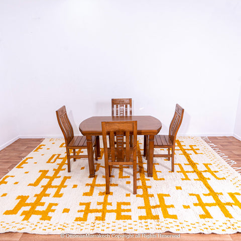 White Berber Rug with Geometric Saffron-Hued Patterns