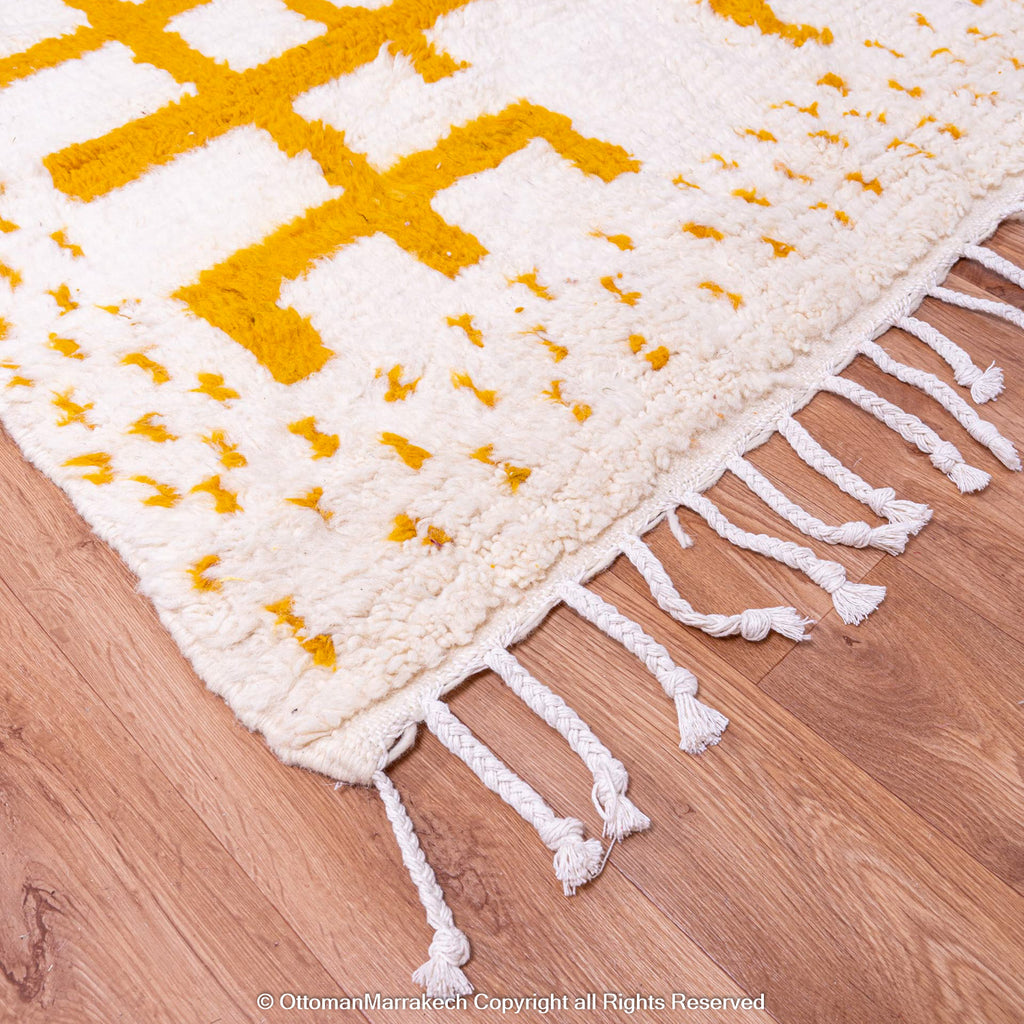 White Berber Rug with Geometric Saffron-Hued Patterns