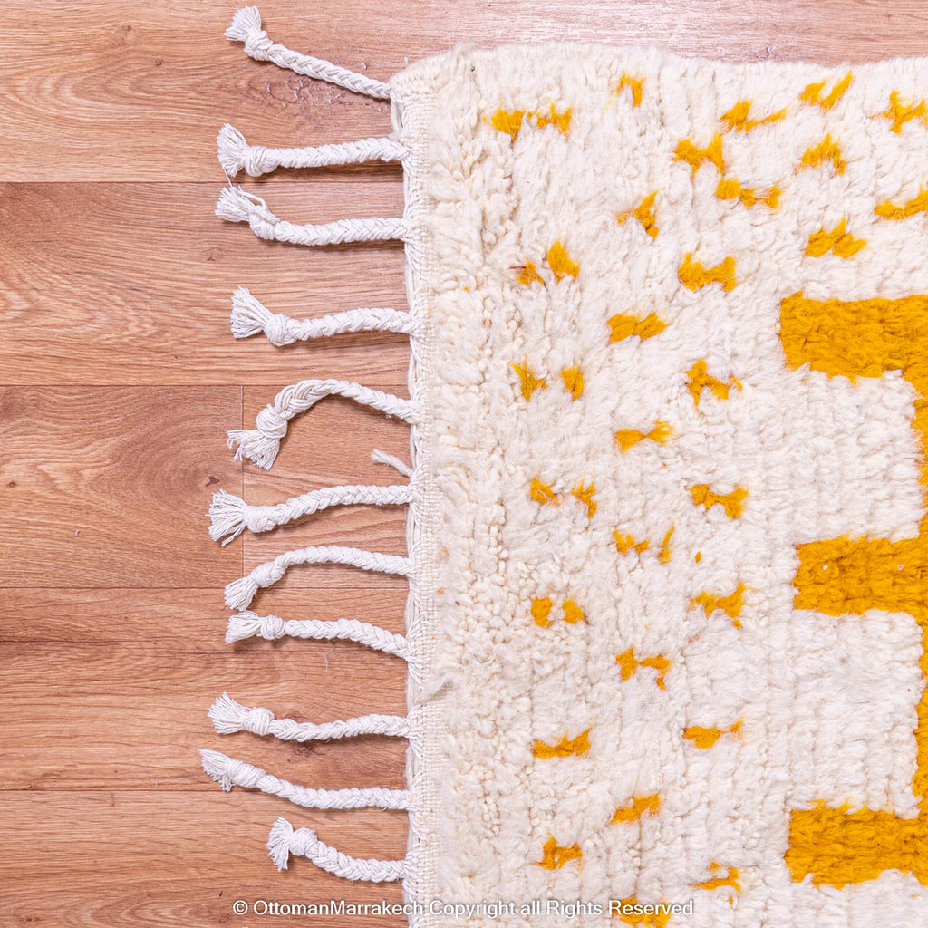 White Berber Rug with Geometric Saffron-Hued Patterns