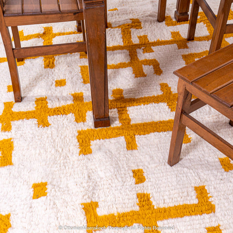 White Berber Rug with Geometric Saffron-Hued Patterns