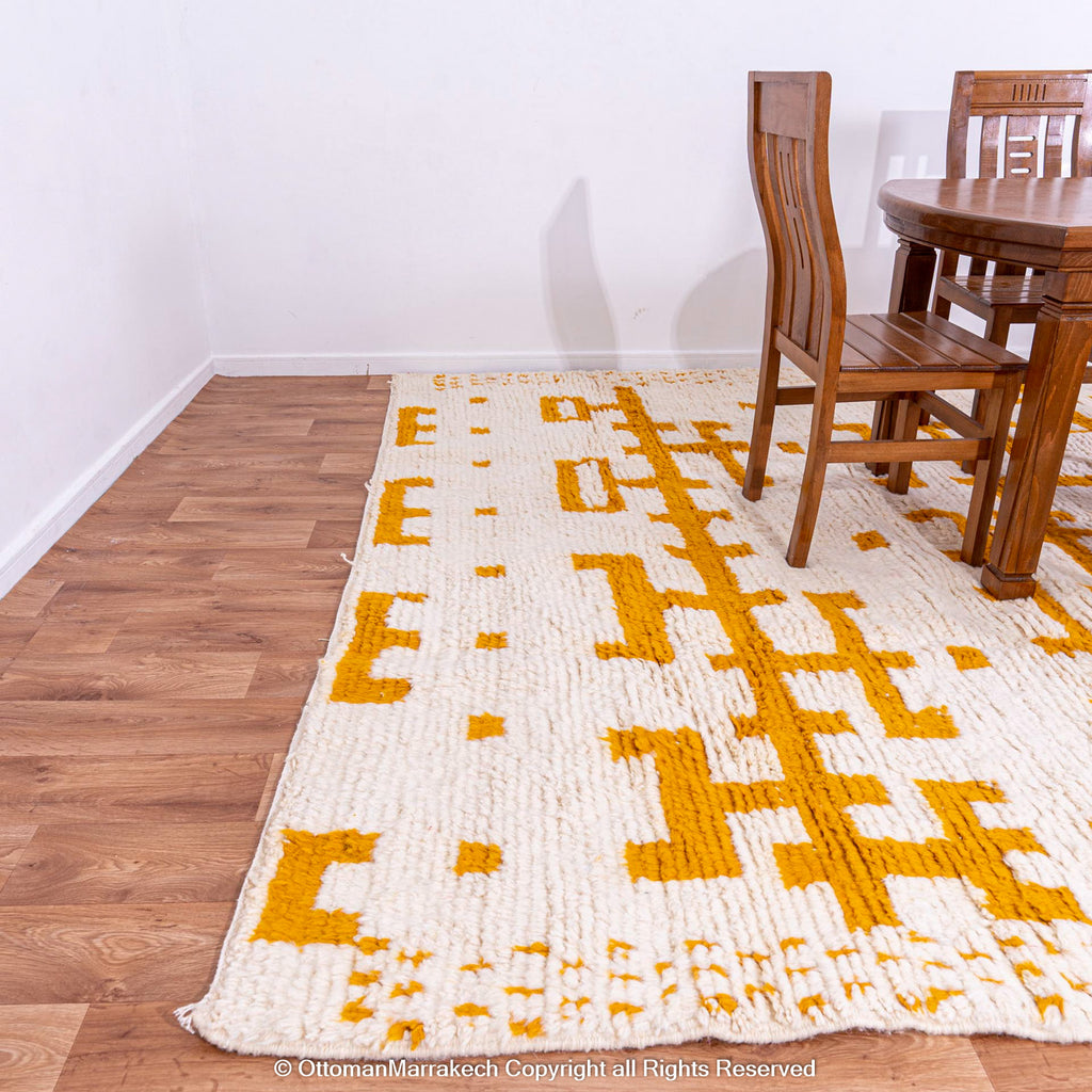 White Berber Rug with Geometric Saffron-Hued Patterns