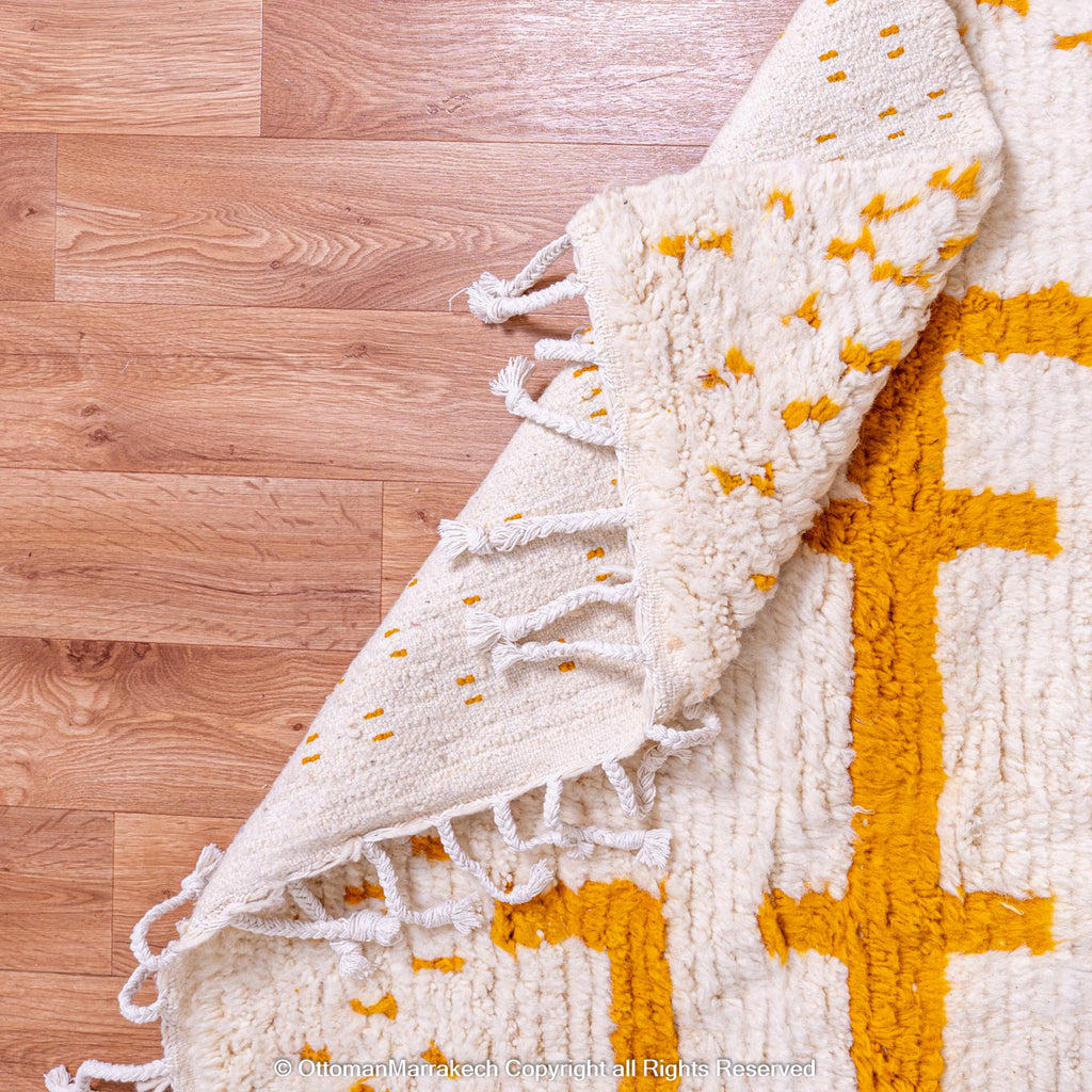 White Berber Rug with Geometric Saffron-Hued Patterns