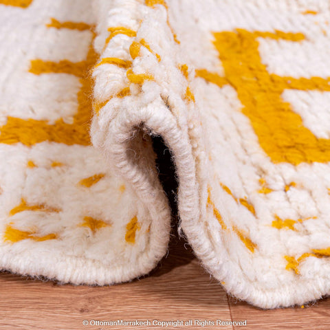 White Berber Rug with Geometric Saffron-Hued Patterns