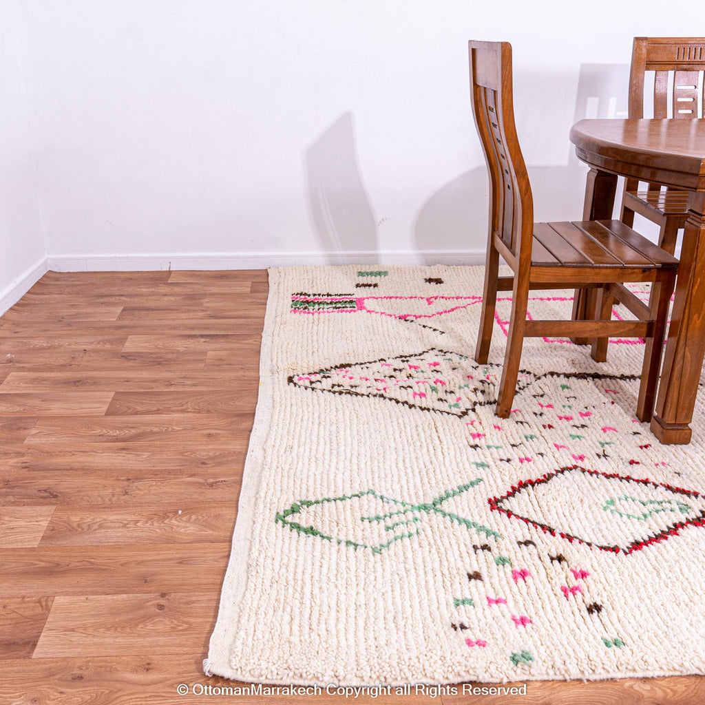 White Berber Rug with Soft Geometric Symbols and Pink Accents