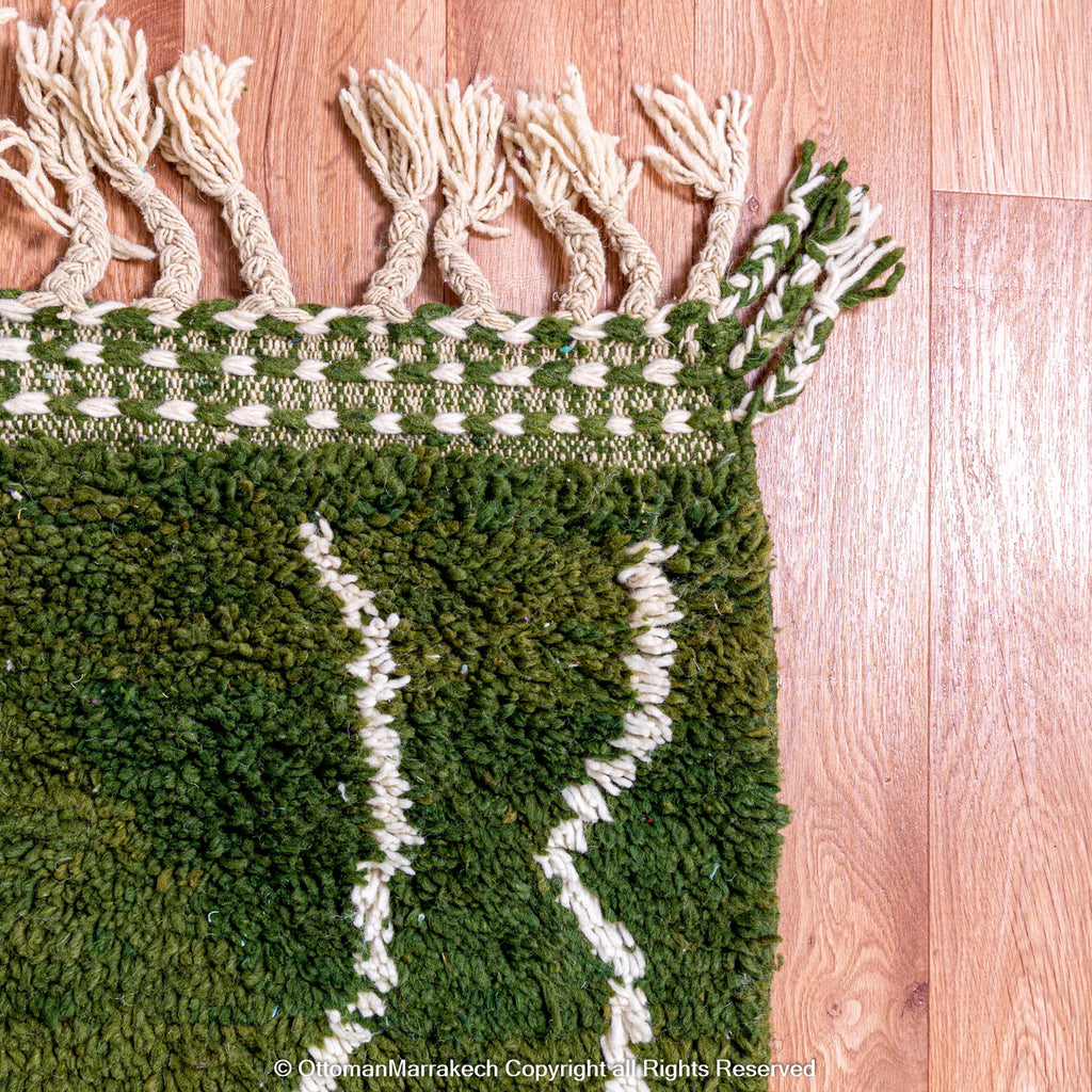 Moroccan Lunar Green Tassel Rug: Playful Accents for Contemporary Spaces