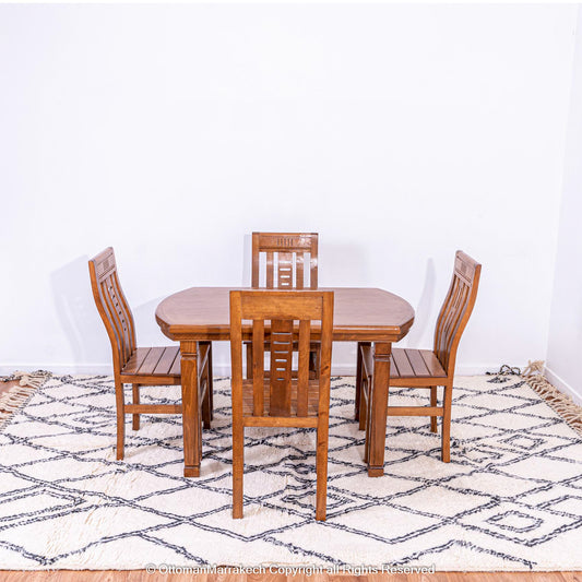 White Moroccan Wool Rug with Black Double-Line Diamond and Cell-Like Patterns