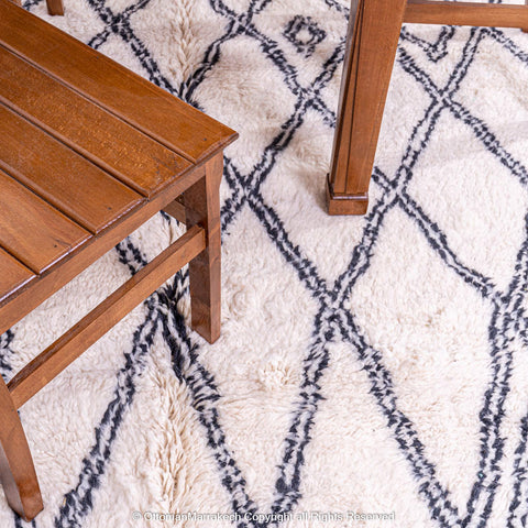 White Moroccan Wool Rug with Black Double-Line Diamond and Cell-Like Patterns