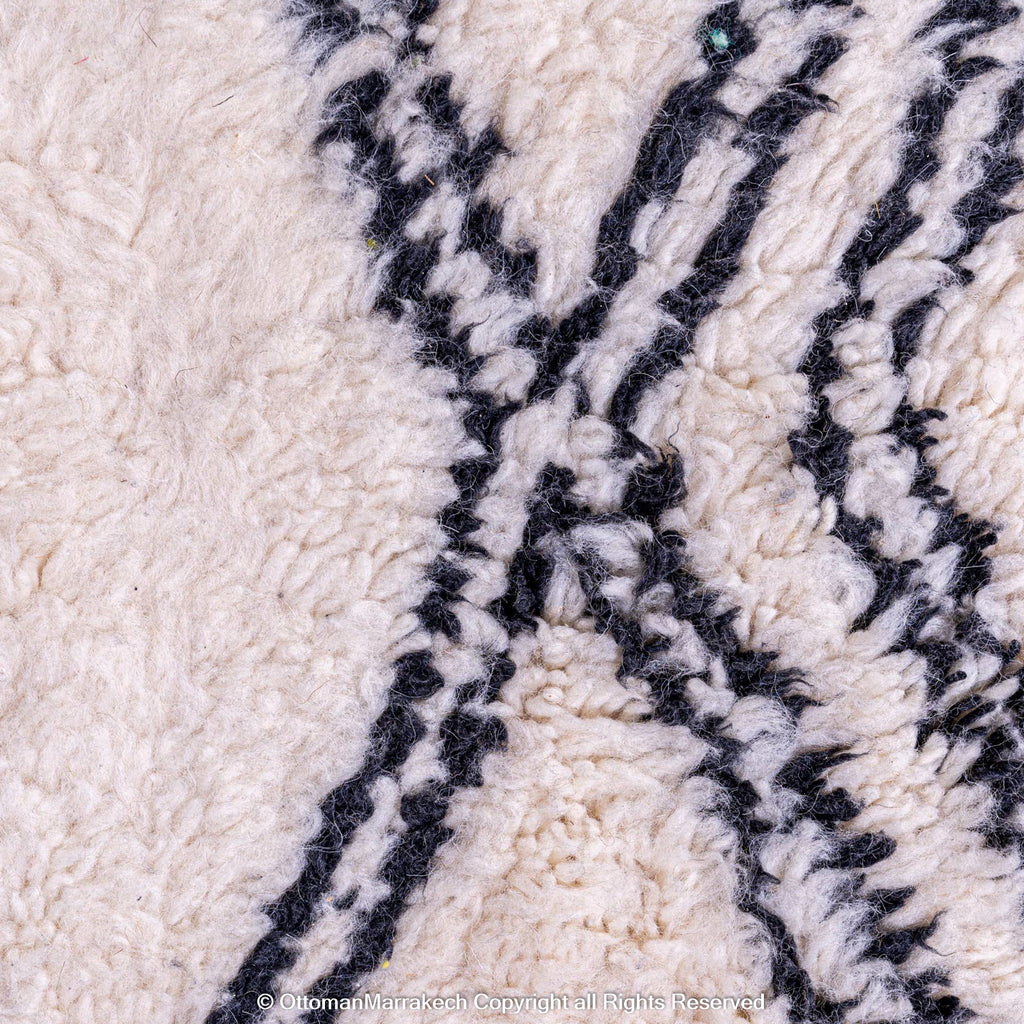 White Moroccan Wool Rug with Black Double-Line Diamond and Cell-Like Patterns