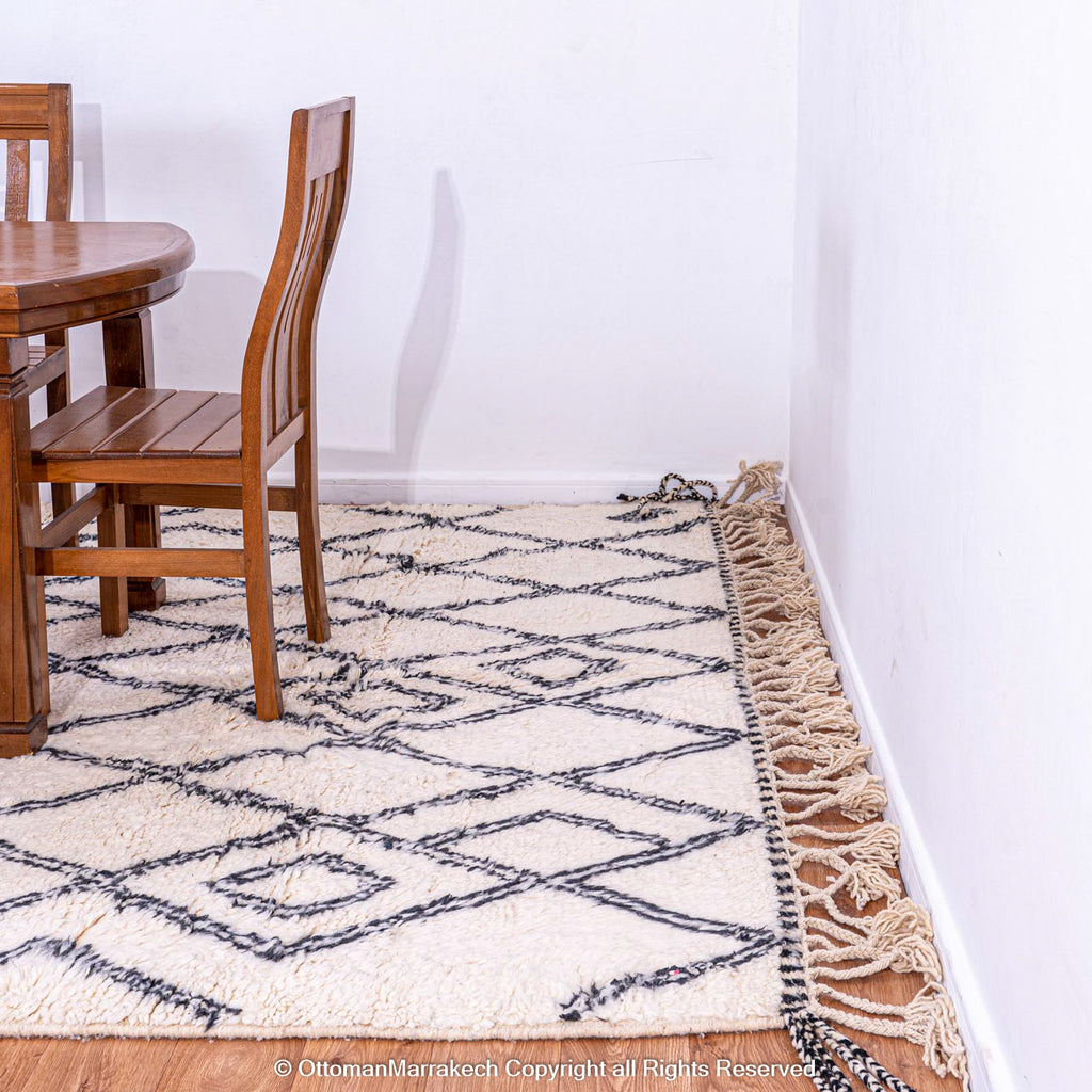 White Moroccan Wool Rug with Black Double-Line Diamond and Cell-Like Patterns