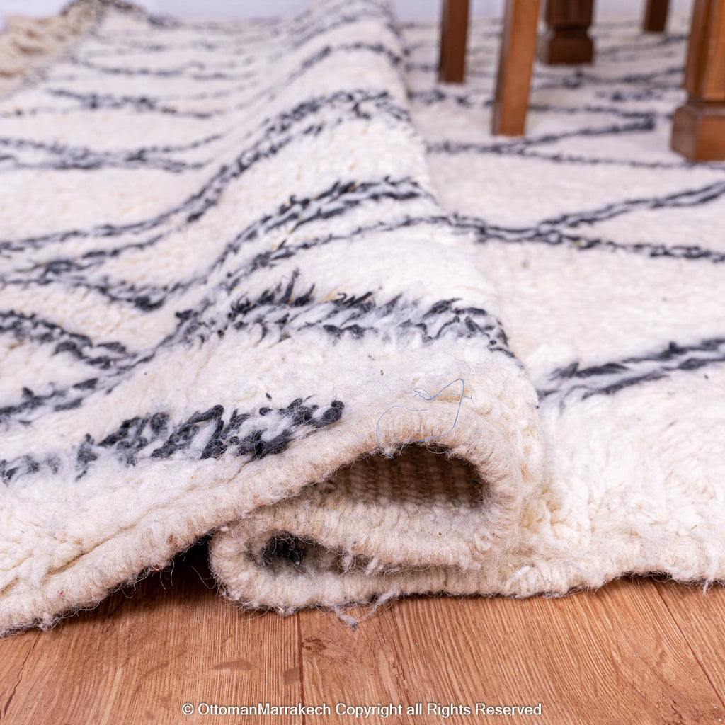 White Moroccan Wool Rug with Black Double-Line Diamond and Cell-Like Patterns