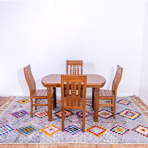 Gradient Blue Berber Rug with Colorful Geometric Symbols and Natural Sheep Wool Accents