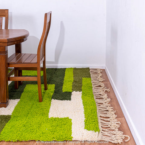 Modern Geometric Green and White Wool Rug