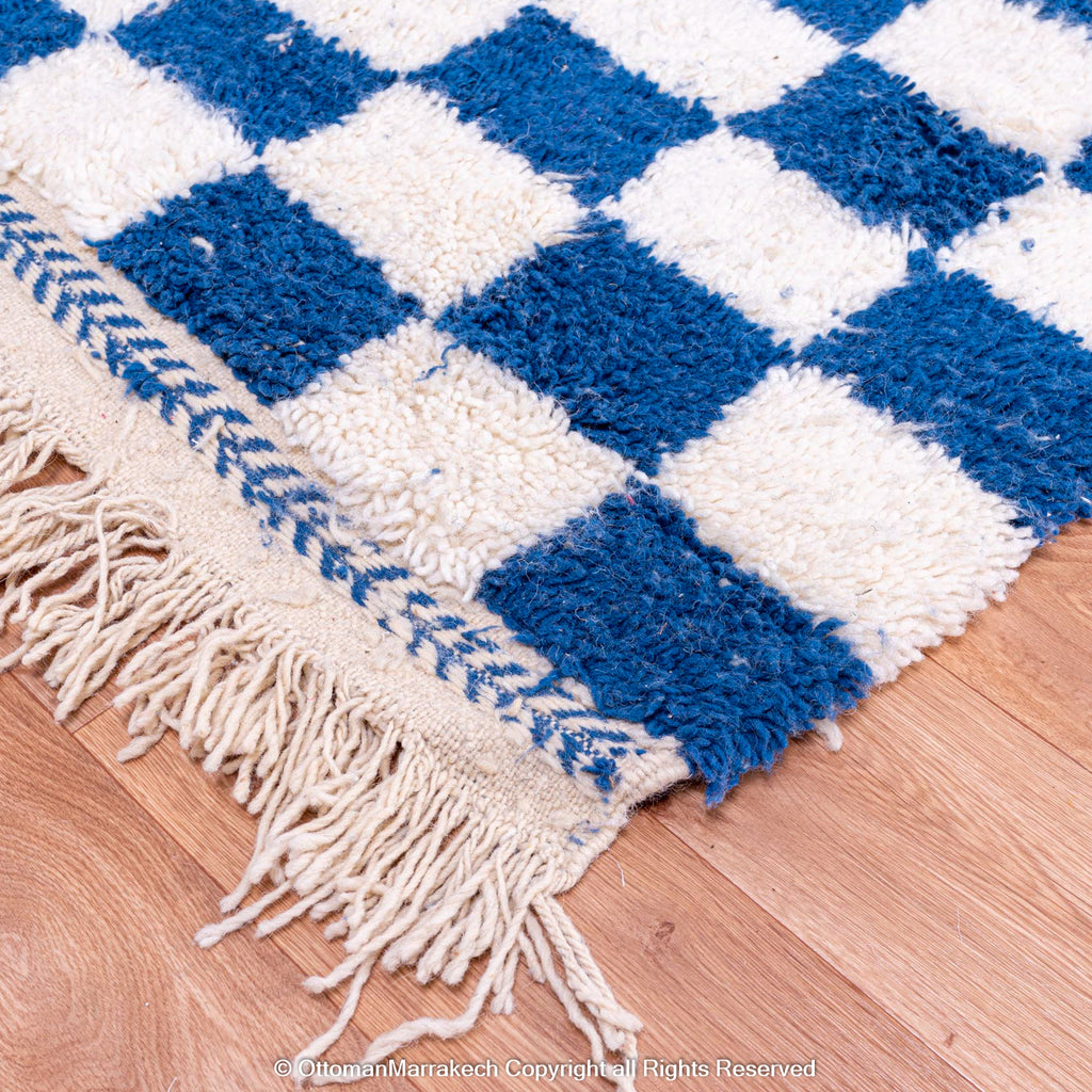 Berber Blue and White Checkered Wool Rug – Cozy Comfort with Modern Flair