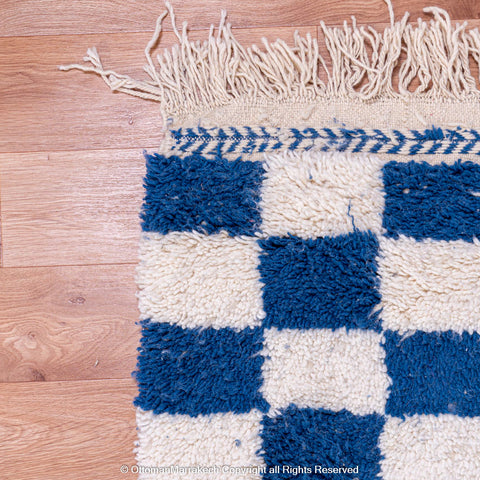 Berber Blue and White Checkered Wool Rug – Cozy Comfort with Modern Flair