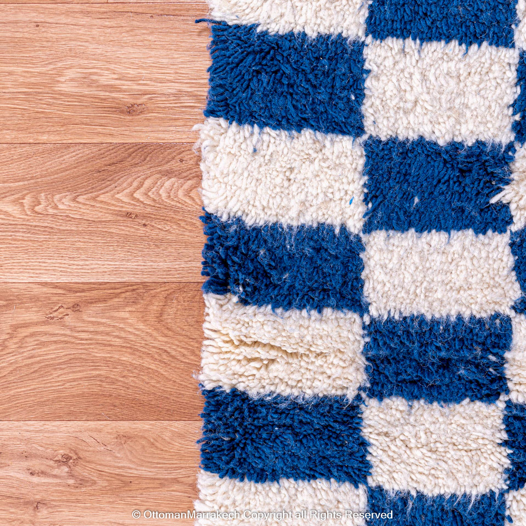 Berber Blue and White Checkered Wool Rug – Cozy Comfort with Modern Flair