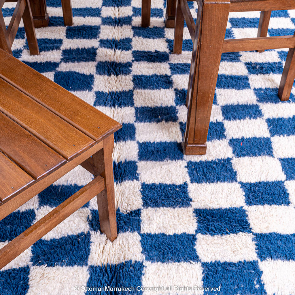 Berber Blue and White Checkered Wool Rug – Cozy Comfort with Modern Flair