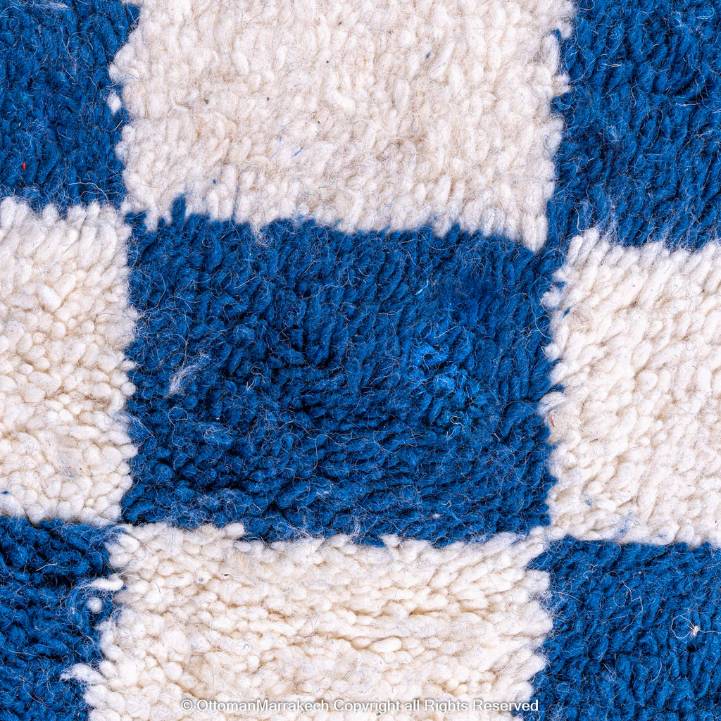 Berber Blue and White Checkered Wool Rug – Cozy Comfort with Modern Flair