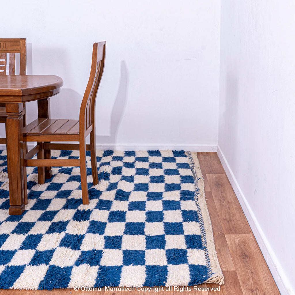 Berber Blue and White Checkered Wool Rug – Cozy Comfort with Modern Flair