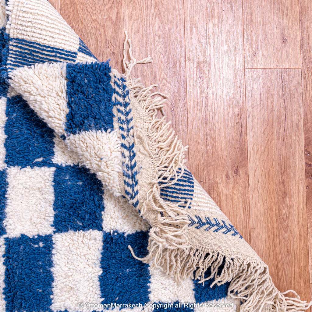 Berber Blue and White Checkered Wool Rug – Cozy Comfort with Modern Flair