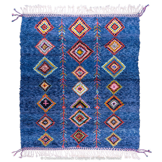 Deep Blue Moroccan Rug with Vibrant Diamond Motifs