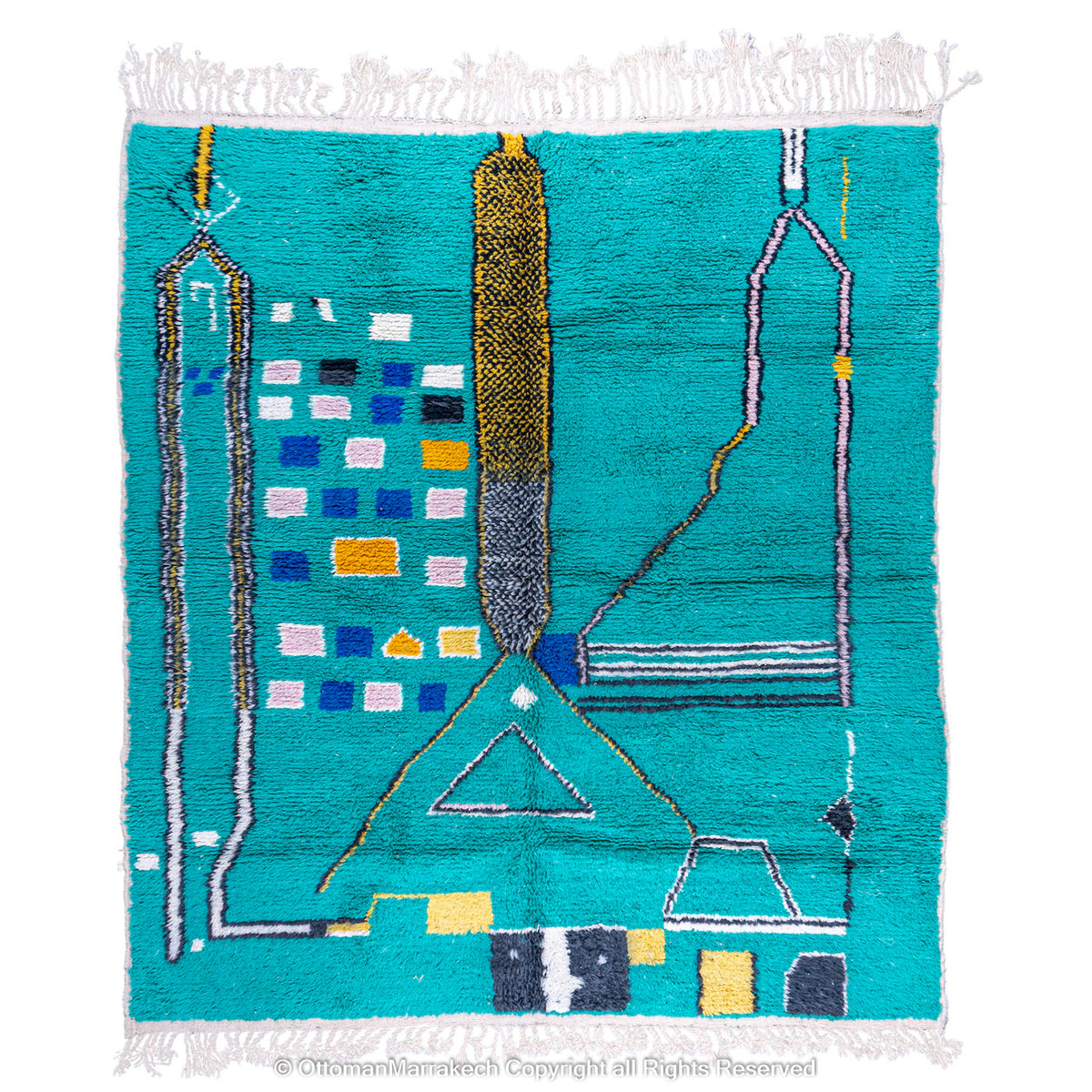 Abstract Turquoise Moroccan Rug with Geometric Motifs