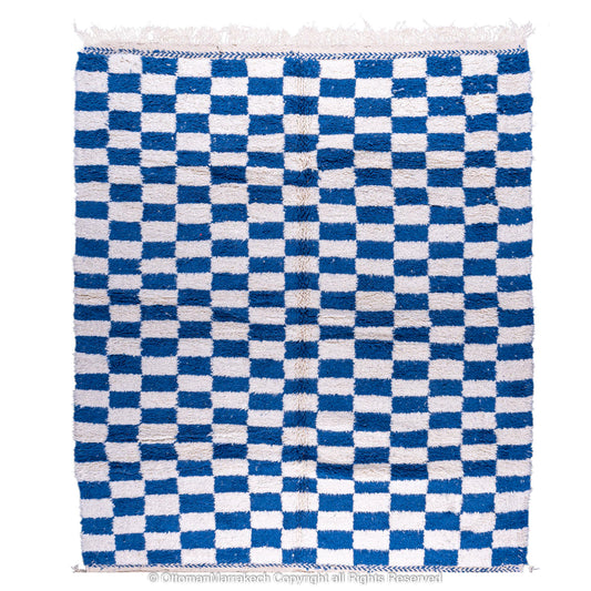 Berber Blue and White Checkered Wool Rug – Cozy Comfort with Modern Flair