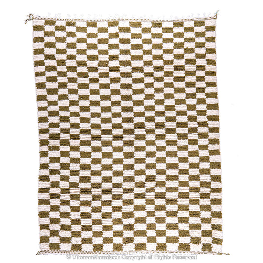 Olive Green and White Checkered Berber Rug