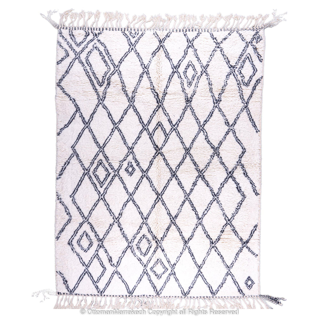 White Moroccan Wool Rug with Black Double-Line Diamond and Cell-Like Patterns