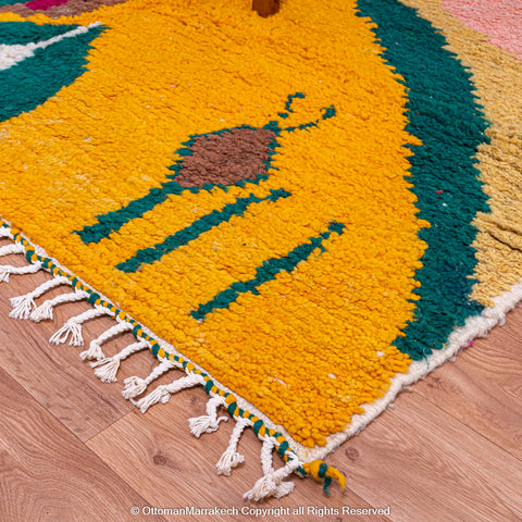 Multicolored Abstract Berber Rug with Yellow, Pink, and Green Accents