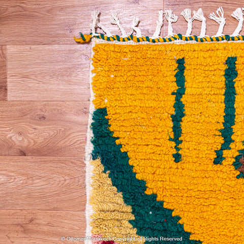 Multicolored Abstract Berber Rug with Yellow, Pink, and Green Accents