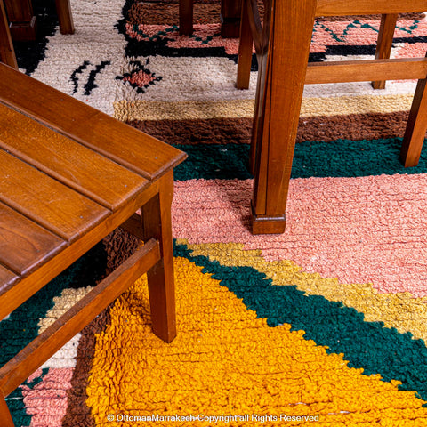 Multicolored Abstract Berber Rug with Yellow, Pink, and Green Accents